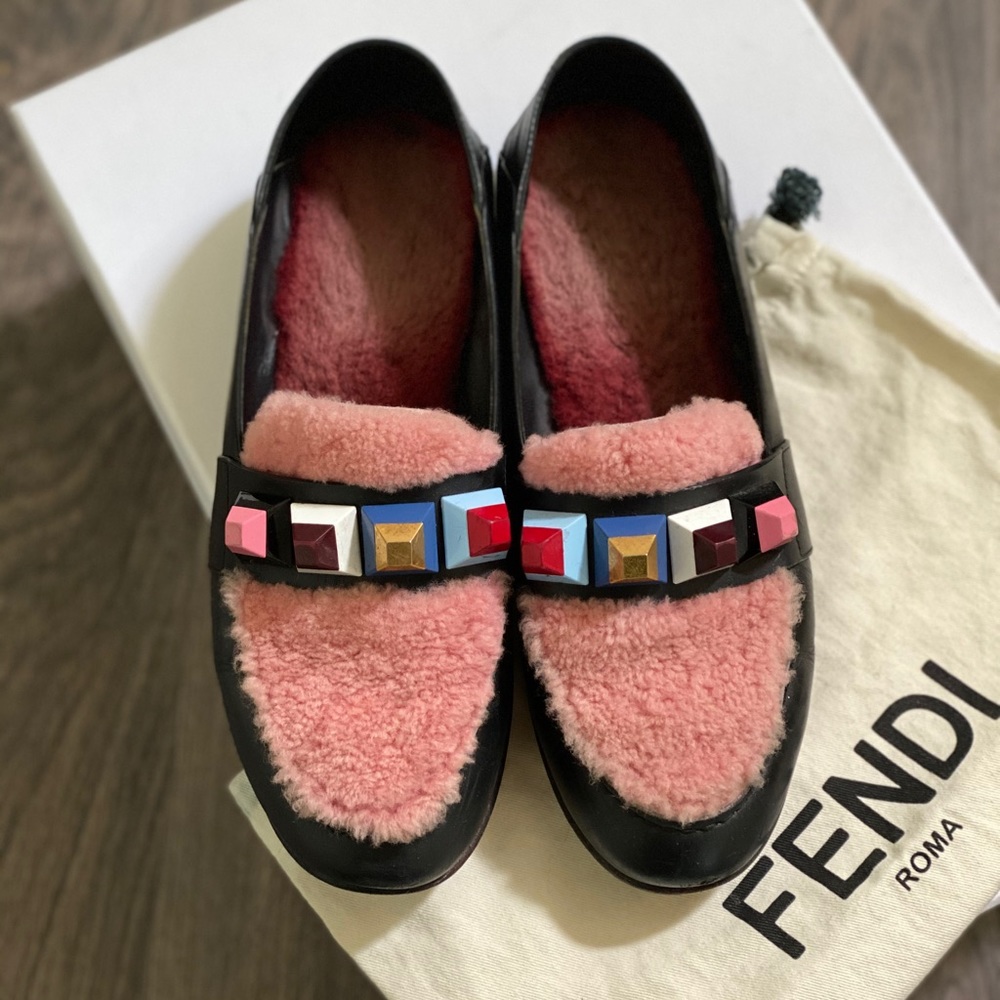 Fendi rainbow- studded shearling leather loafers